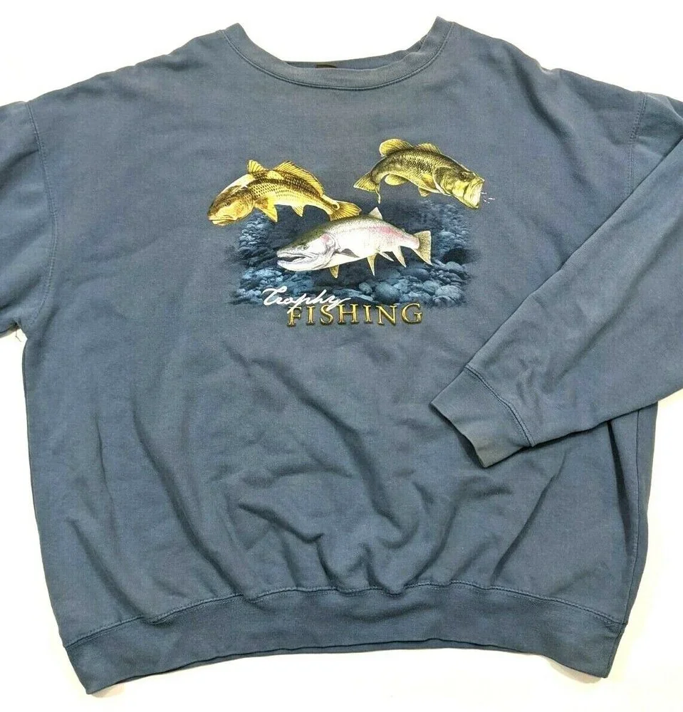 Vintage 90s American Outdoors Trophy Fishing Wilderness Crewneck Sweatsirt Blue - Picture 1 of 5